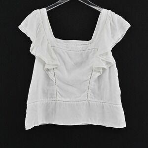 Faherty Womens Mariposa Linen‎ Top Size M Eyelet White Ruffle Square Neck Boho